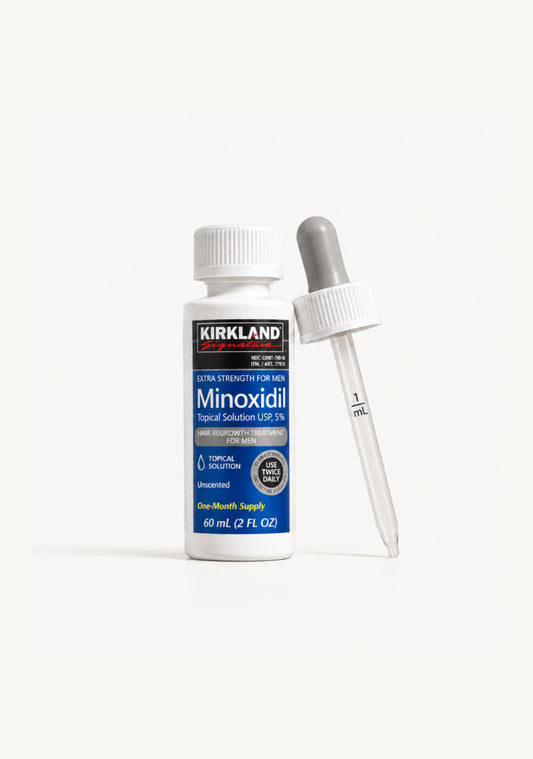 Minoxidil 5% topical solution bottle with dropper for hair loss treatment